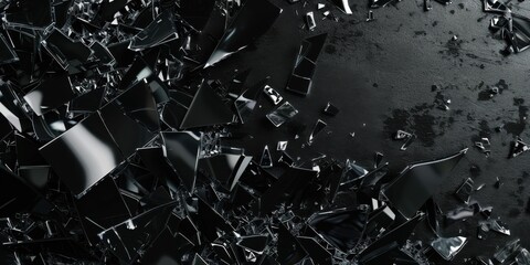 A pure black surface with clean, minimalist fragmented glass designs, Asymmetrical and sharp composition