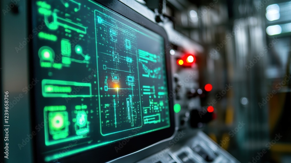 Aufkleber displaying a complex digital interface with real time data and schematics for managing automated mac