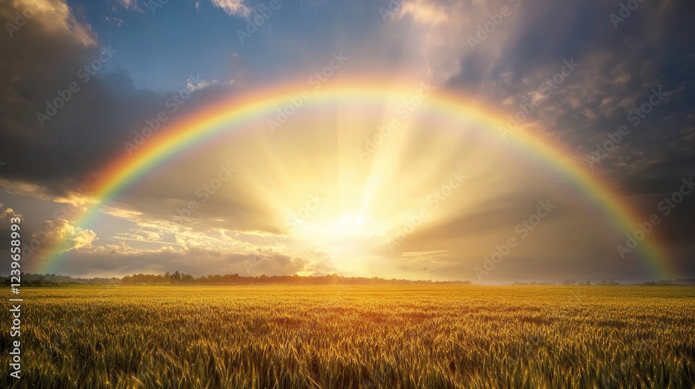 Aufkleber A rainbow forms above a calm, sunlit field of grass, with rays of light gently breaking through the clouds, creating a peaceful setting