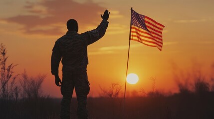 A proud African American soldier salutes the American flag at sunrise, standing tall with respect, wearing full military uniform.