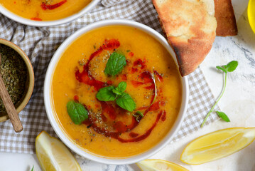Traditional Turkish Vegan Red Lentil   veggy soup .style rustic