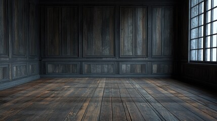 A realistic vintage interior with dark wooden walls and floors, creating an empty room with aged, textured surfaces, evoking a nostalgic atmosphere.