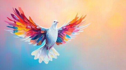 Colorful Dove in Flight Against a Pastel Sky