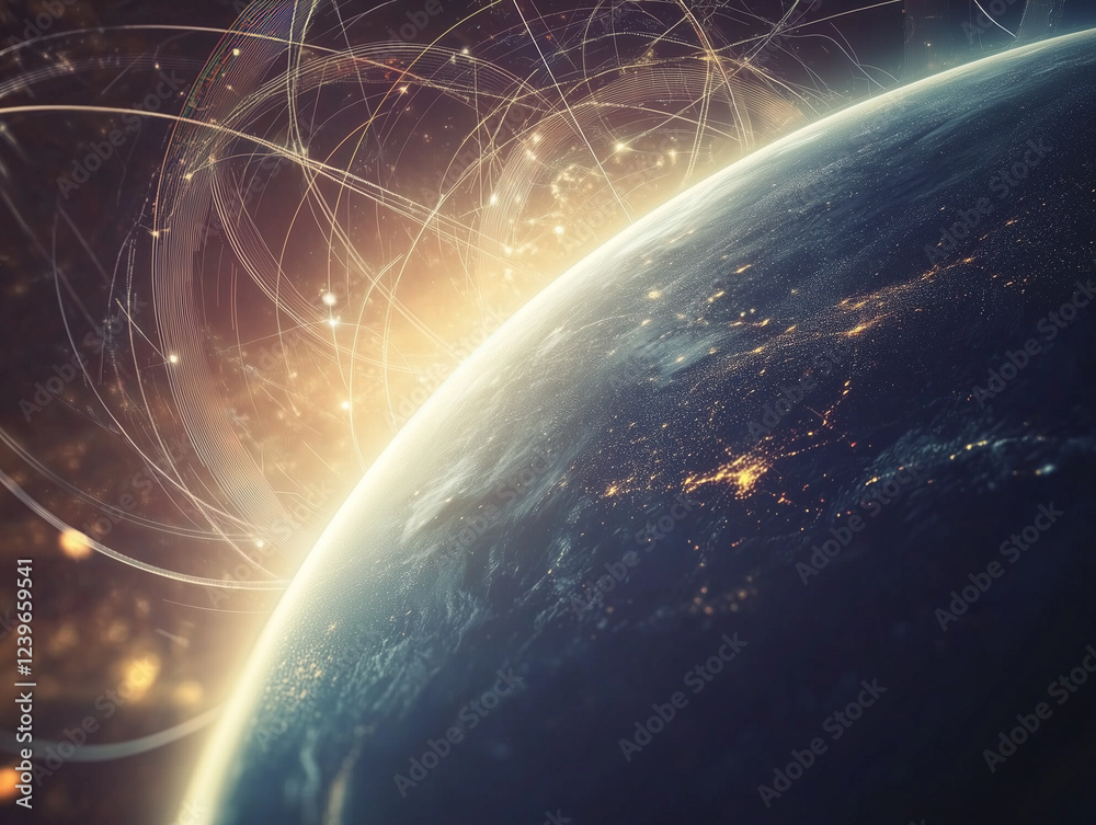 Poster abstract technology background featuring interconnected lines encircling earth's surface, creating a