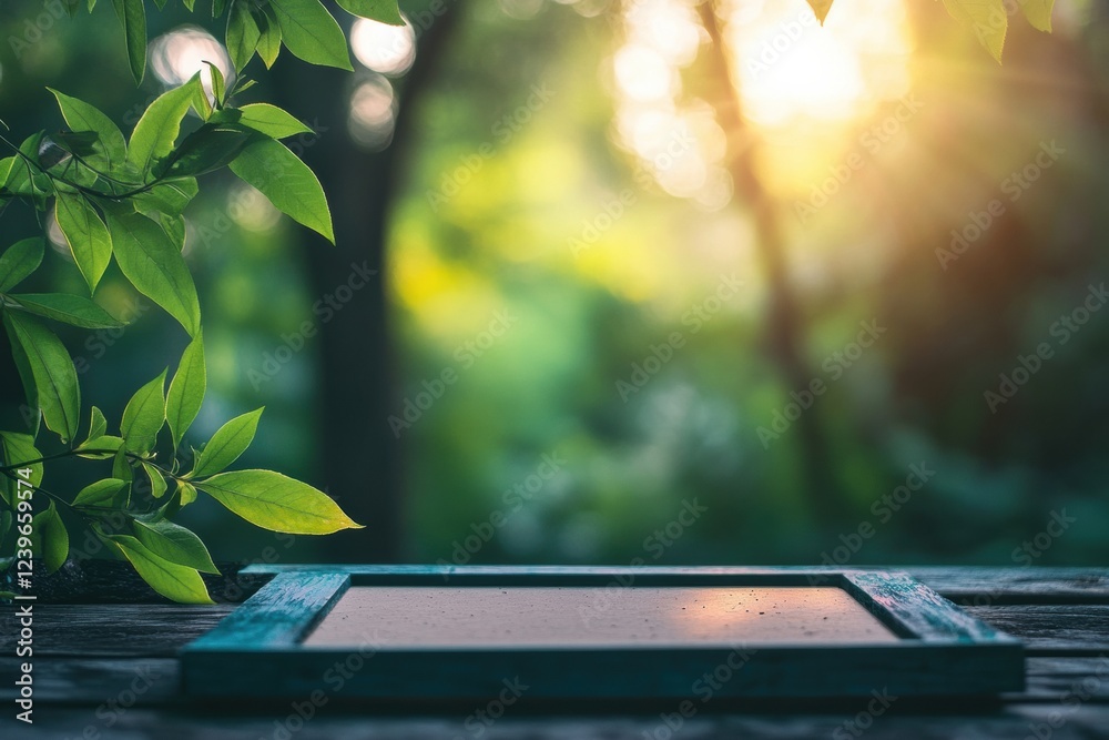 Poster Sunlight filters through leaves illuminating a rustic frame on a wooden table in a serene forest setting. Generative AI