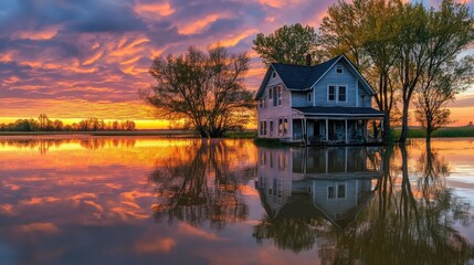 Obraz premium A rural house elevated above a flooded field, with reflections of trees and a glowing sunset in the water, creating a serene yet powerful image of nature impact.