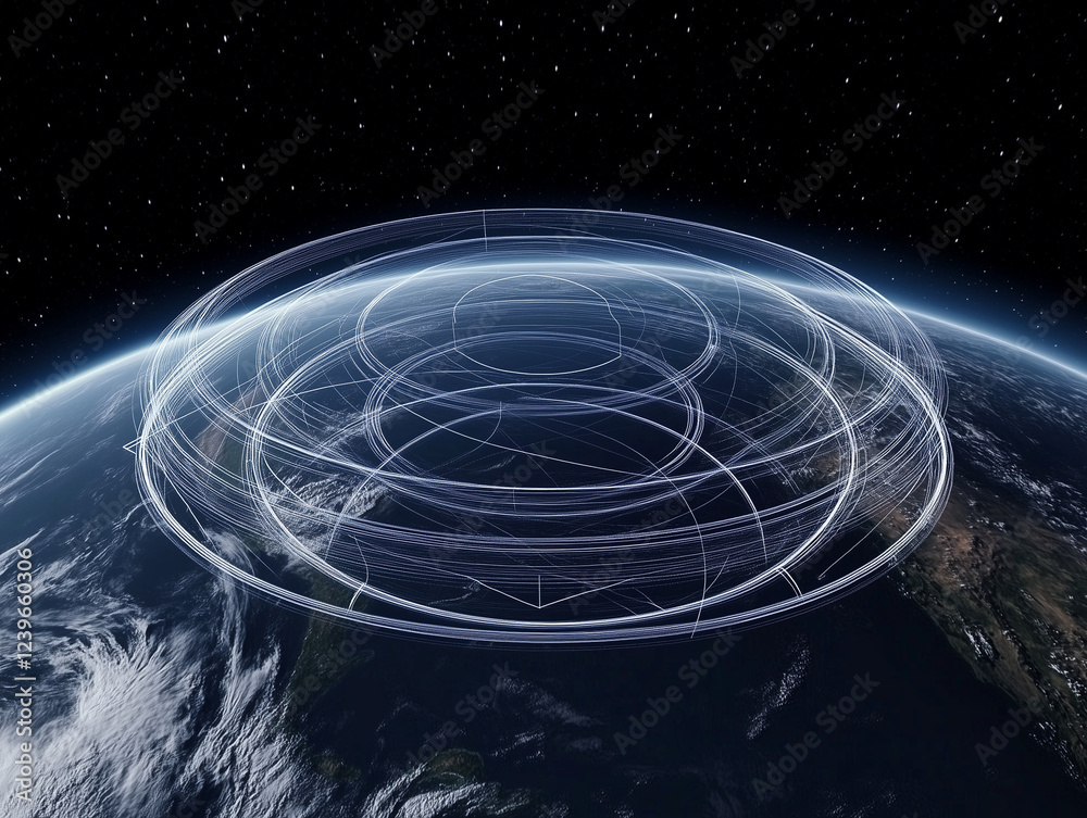 Poster abstract technology background featuring interconnected lines encircling earth's surface, creating a