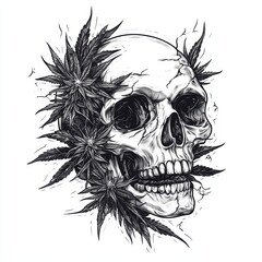 Skull with marijuana plants growing out of it, vector design for a t-shirt on a white background