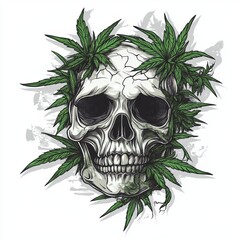 Fototapeta premium Skull with marijuana plants growing out of it, vector design for a t-shirt on a white background