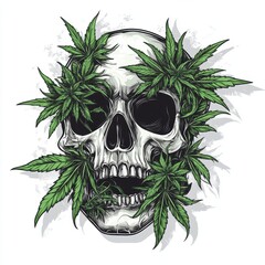 Skull with marijuana plants growing out of it, vector design for a t-shirt on a white background