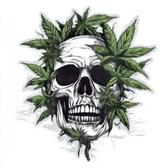 Fototapeta premium Skull with marijuana plants growing out of it, vector design for a t-shirt on a white background