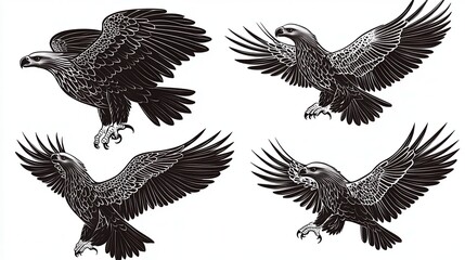 Fototapeta premium Bundle set of Black and White Eagles in Flight