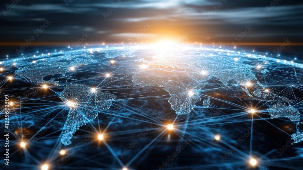 Poster global network connections illuminating world map with digital data communication