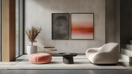 A sleek and modern Zoom room background with pops of pink accents, showcasing contemporary gallery-style art and a minimalist vibe.