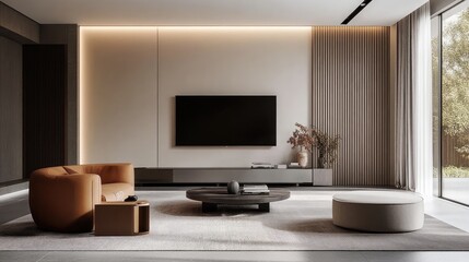 A sleek, modern living room with a two-tone color wall and minimalist TV cabinet, offering a stylish and contemporary interior design inspiration.