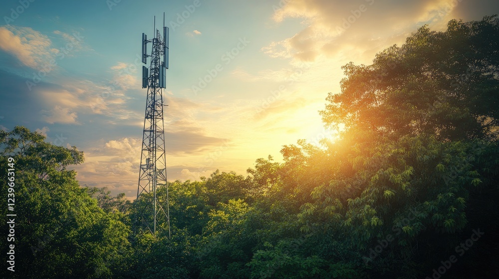 Poster a sleek telecom tower against a backdrop of vibrant green foliage and a powerful sky, symbolizing th