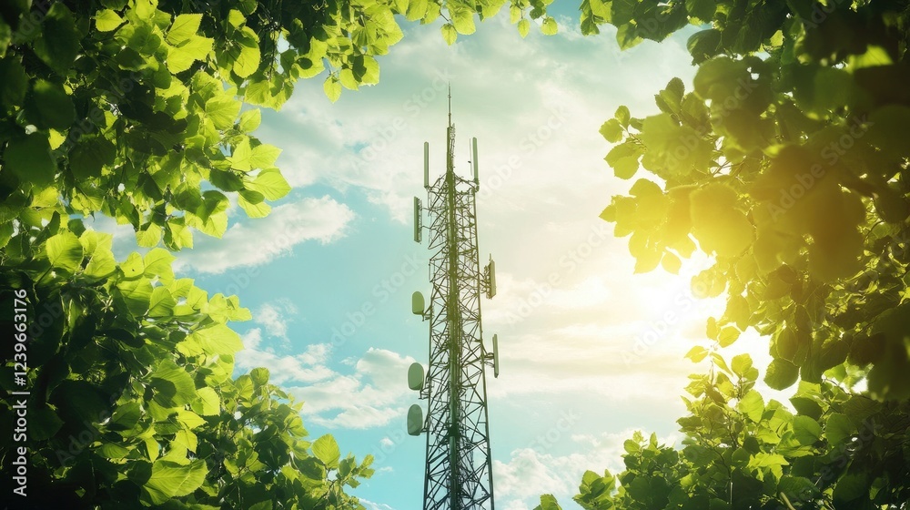 Poster a sleek telecom tower framed by vibrant greenery and a dynamic sky, symbolizing the perfect balance 
