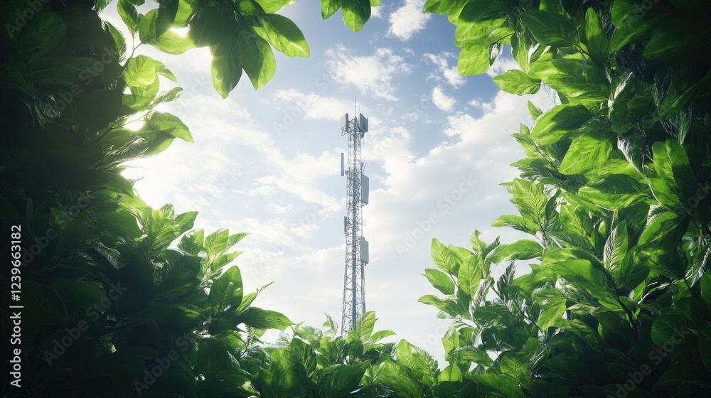 Poster a sleek telecom tower framed by vibrant greenery and a dynamic sky, symbolizing the perfect balance 