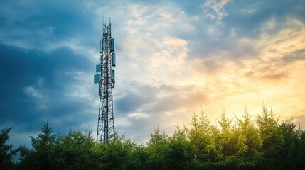 A sleek telecom tower against a backdrop of vibrant green foliage and a powerful sky, symbolizing the evolution of technology in harmony with nature.
