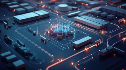 Fototapeta premium Trucks transporting goods in an automated warehouse representing innovative manufacturing, supply chain management, artificial intelligence, and automation in modern industry