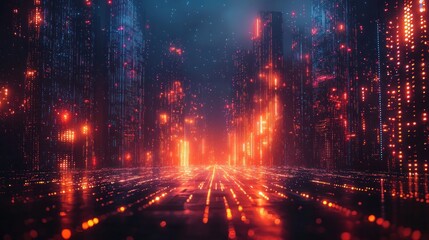 Futuristic Cityscape at Night with Glowing Lights and Digital Elements
