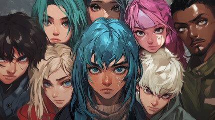 Fototapeta premium young anime people faces illsuration.ai generative