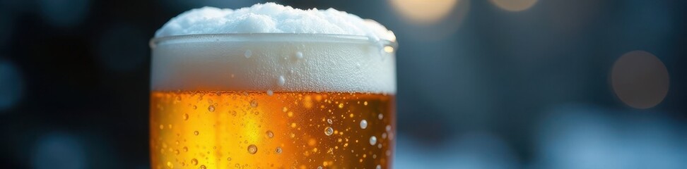 Close-up of frosty beer mug with condensation, brew, ale
