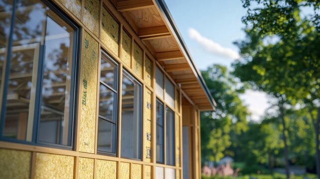 A closeup of a modular housing component featuring energyefficient windows and insulation materials emphasizing the sustainable features integrated into the construction system.
