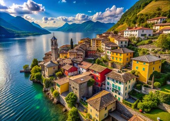 Naklejka premium Drone View of Charming Italian Style Windows in Gandria Village, Switzerland