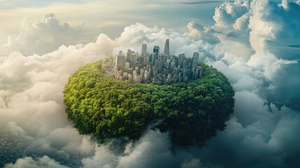 A small urban island encircled by lush green vegetation, under dramatic clouds in the sky, illustrating the fusion of nature and urban development