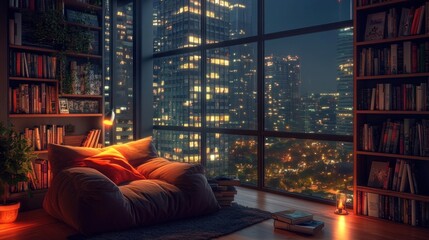 Night Cityscape View from Cozy Reading Nook