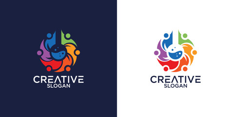 smart and creative kids logo, abstract people with beaker and colorful bubbles, science and education icon
