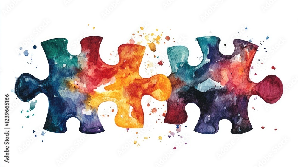 Poster a striking puzzle piece design in fluid watercolor strokes, symbolizing the connection between diffe