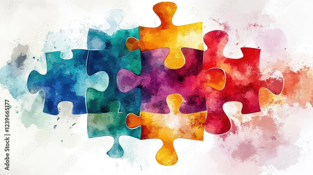 Poster a striking puzzle piece design in fluid watercolor strokes, symbolizing the connection between diffe