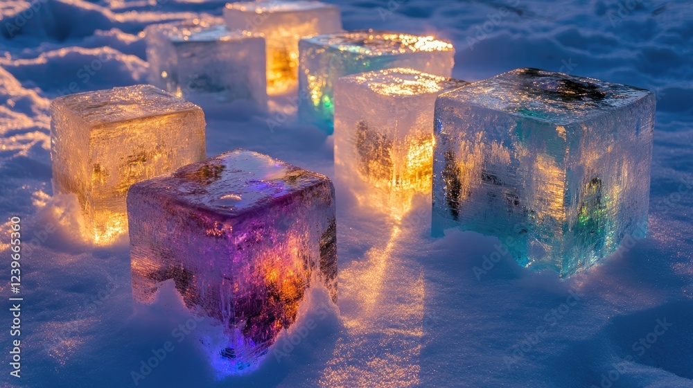 Poster a stunning arrangement of multicolored ice blocks on a snowy surface, with the sunlight reflecting o