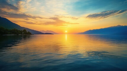 Obraz premium Sunset over the calm waters reflecting vibrant colors behind mountain silhouettes. Generative AI