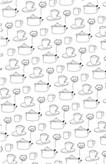 Repeated Mug, cup,tea kettle daisy flower line art black white pattern. Fabric textile wrapping paper