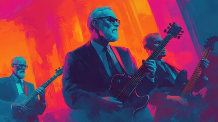 Fototapeta premium Stylish Band Performing with Electric Guitar in Vibrant Colors
