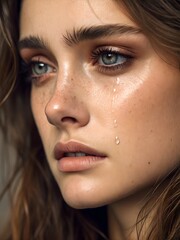 Emotional close-up: crying woman with shining eyes