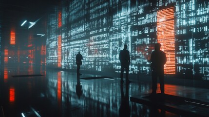 Silhouettes Observing a Digital Data Wall in a Futuristic Space