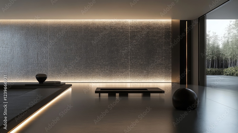 Poster a stylish modern space with a glowing illuminated wall, setting the stage for a minimalist and conte