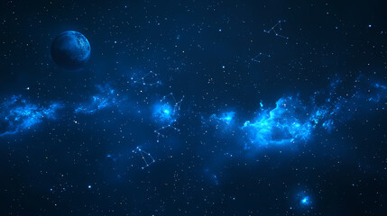 Obraz premium Celestial night sky with astrological symbols and planets glowing in blue hues across the universe. Celestial Themes. Illustration