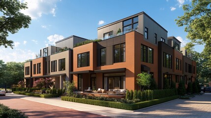 Modern Townhouses with Elegant Architecture and Landscaping on a Sunny Day