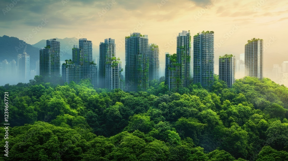 Poster A symbolic representation of urban growth, emerging seamlessly from a lush forest, blending nature with modern development, representing the balance of progress and environment.