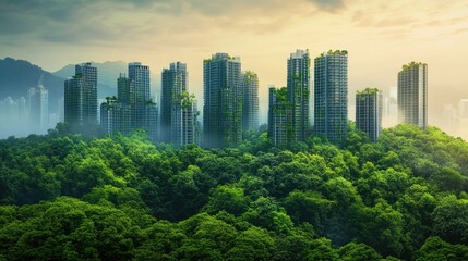 Obraz premium A symbolic representation of urban growth, emerging seamlessly from a lush forest, blending nature with modern development, representing the balance of progress and environment.