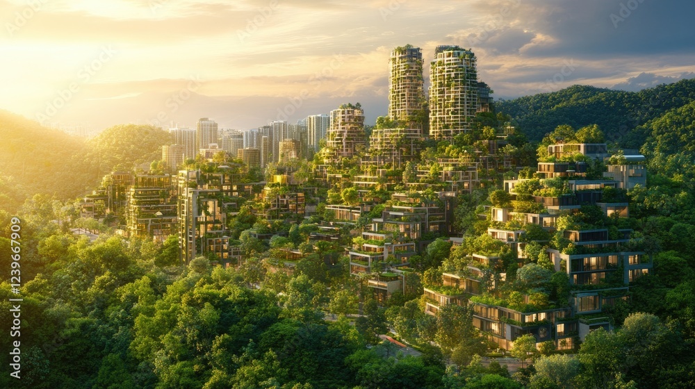 Poster A symbolic representation of urban growth, emerging seamlessly from a lush forest, blending nature with modern development, representing the balance of progress and environment.