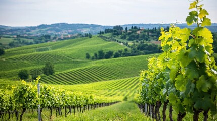 Fototapeta premium Lush Green Vineyard Landscape with Rolling Hills Under Clear Sky