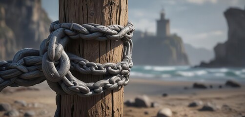 Naklejka premium Ancient anchor chain wrapped around wooden post, chain, monochrome, post