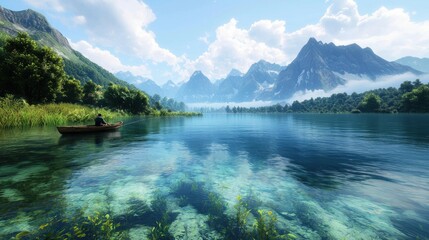 Serene Mountain Lake with Crystal Clear Water and Lush Greenery