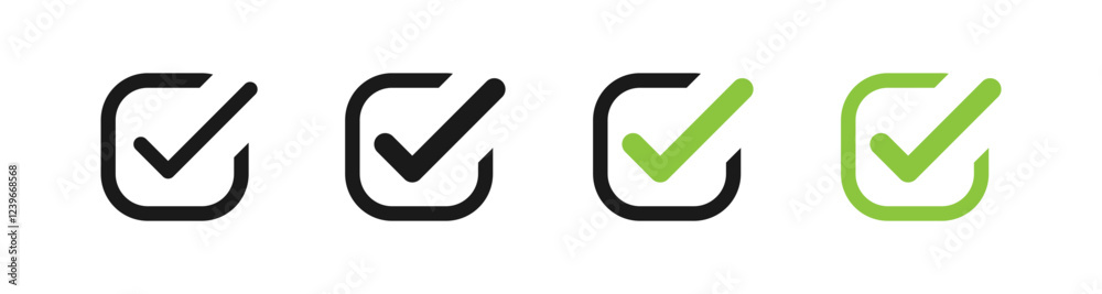Poster check mark icon button set. check box icon with right or correct buttons and yes checkmark tick box icons - checkbox symbol sign. check mark box square frame. vector illustration